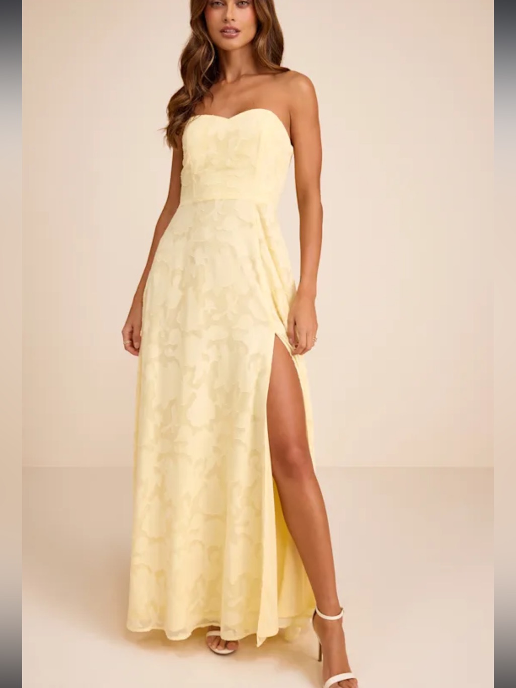 Lulu's Strapless Pale Yellow Floral Appliqu Gown With Side Slit